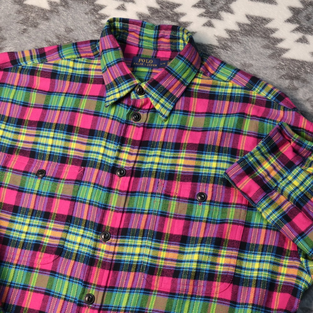 Polo Ralph Lauren Neon Plaid Flannel Shirt Pink Green Mens Large L Long Sleeve